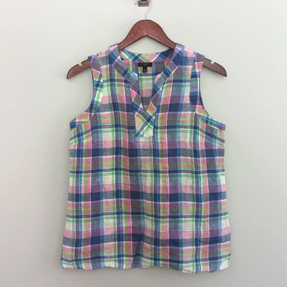 Talbots Linen Plaid Pastel Vneck Blouse Sleeveless Small Petite